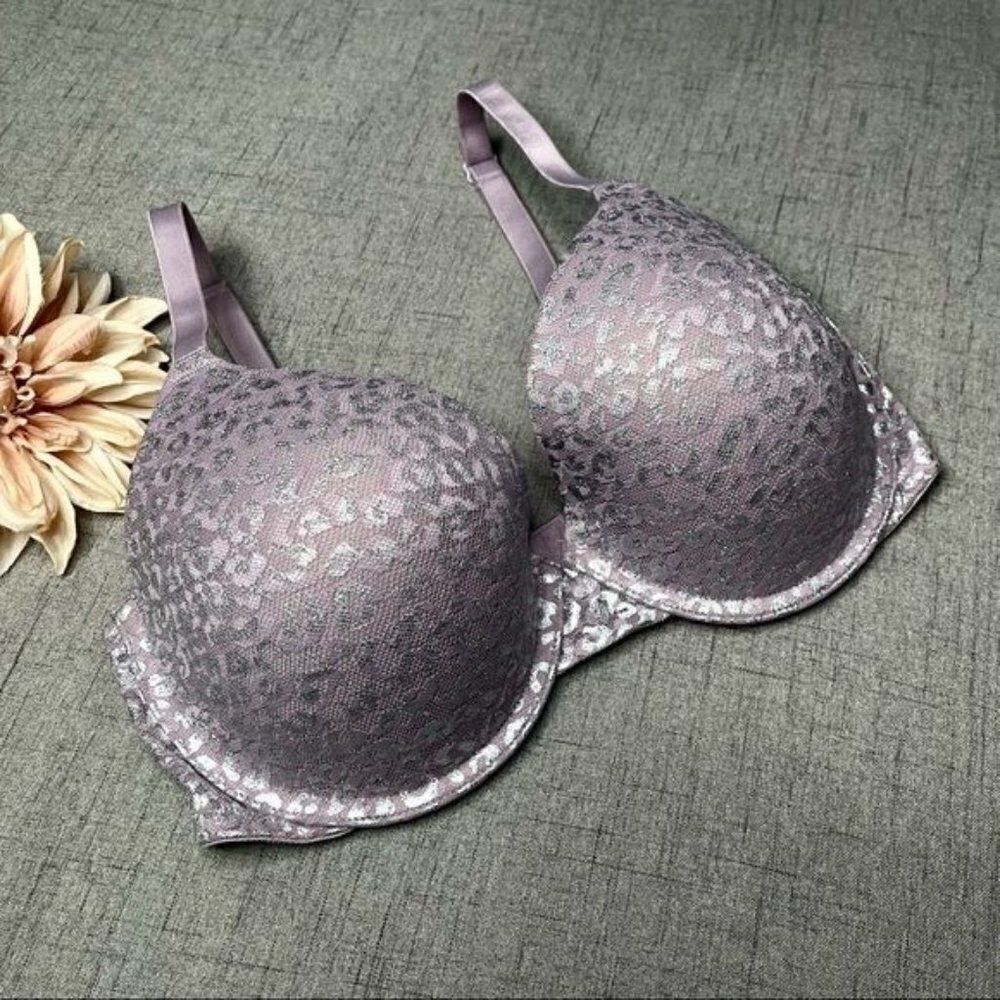Victoria Secret Pink Wear Everywhere T Shirt Bra Purple & Silver Lace 34DD - Picture 5 of 9